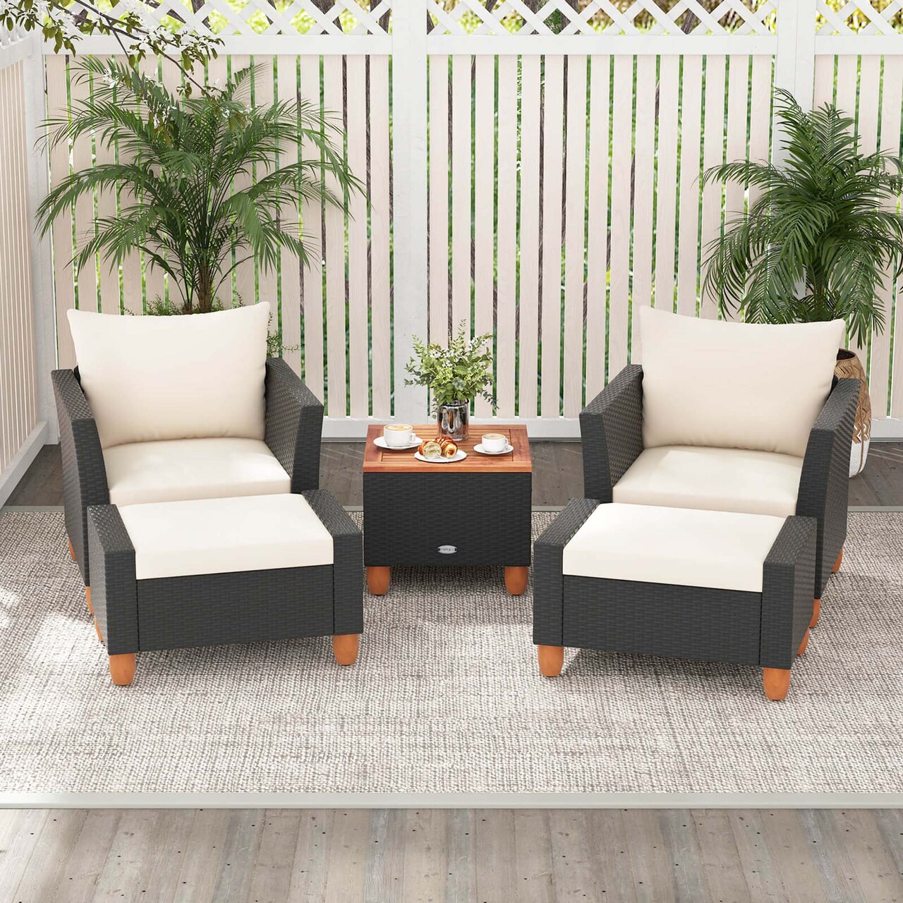 Costway 5 PCS Patio Furniture Set with Storage Table Ottomans Soft Pillows & Cushions